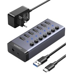 USB HUB Multiport 7 x USB 3.0, Ugreen 90307 CM481, Alimentare Activa 12V, Priza EU, Aluminiu, Gri