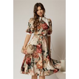 Rochie DY Fashion midi imprimeu floral rosu cu guler ascutit si maneci bufante