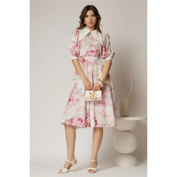 Rochie DY Fashion midi imprimeu floral roz cu guler ascutit si maneci bufante
