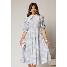 Rochie DY Fashion midi imprimeu floral bleu cu guler ascutit si maneci bufante