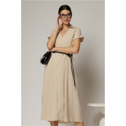 Rochie midi bej de vara din modal cu decolteu V si cordon in talie.