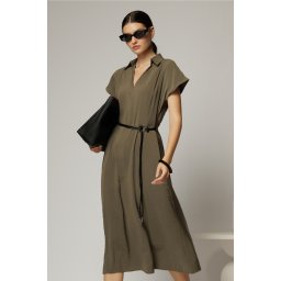 Rochie midi kaki de vara din modal cu decolteu V si cordon in talie.