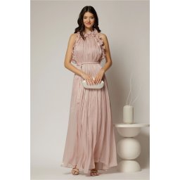 Rochie roz lunga de ocazie din voal peliculizat cu cordon impletit