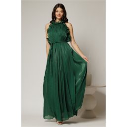 Rochie verde lunga de ocazie din voal peliculizat cu cordon impletit