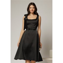 Rochie midi neagra de ocazie din satin cu perle la decolteu