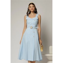 Rochie midi bleu din poplin cu nasturi si curea in talie