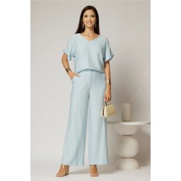 Compleu bleu din viscoza cu pantalon si bluza cu maneci lejere