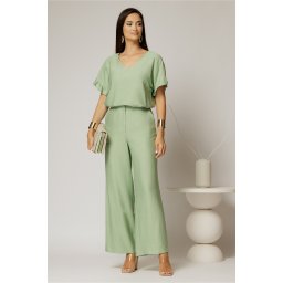 Compleu verde fistic din viscoza cu pantalon si bluza cu maneci lejere