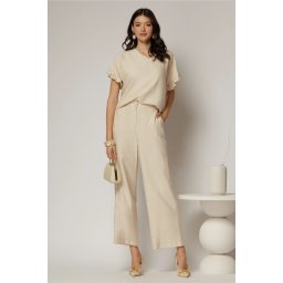 Compleu bej din viscoza cu pantalon si bluza cu maneci lejere