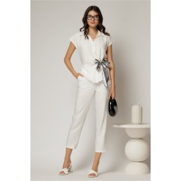 Compleu dama din viscoza alb cu pantalon si camasa cu funda in talie