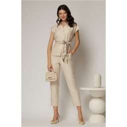 Compleu dama din viscoza bej cu pantalon si camasa cu funda in talie