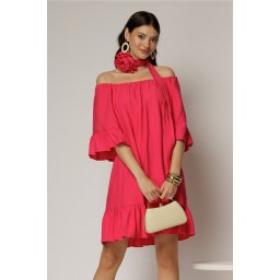 Rochie fucsia din vascoza cu volan la baza si maneci trei sferturi