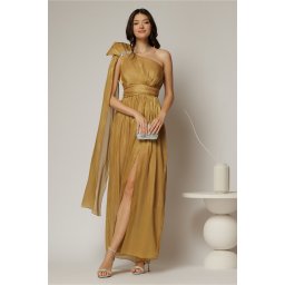Rochie de seara galben mustar din voal peliculizat cu accesoriu pe umar