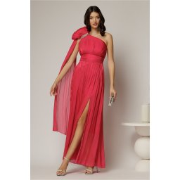 Rochie de seara fucsia din voal peliculizat cu accesoriu pe umar