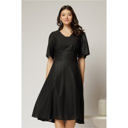 Rochie midi neagra de ocazie din voal cu sidef si decolteu in V