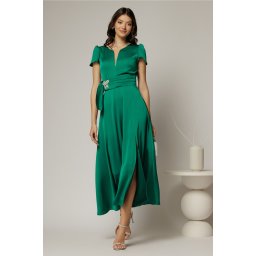 Rochie midi verde din satin cu aplicatie in talie si decolteu adanc