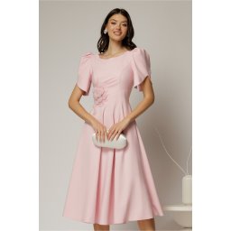 Rochie midi roz de ocazie cu aplicatie in talie cu margele si maneci decupate