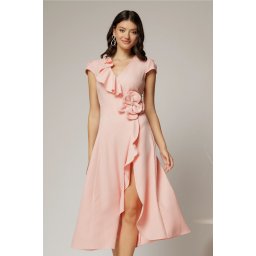 Rochie DY Fashion roz midi cu volanas pe fusta si detaliu amplu foral