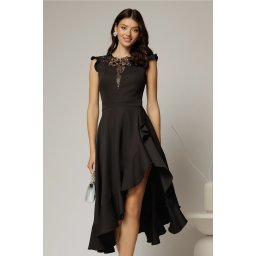 Rochie DY Fashion neagra asimetrica cu aplicatii la decolteu si volanas