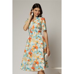Rochie midi cu imprimeu floral in nuante de turcoaz si orange