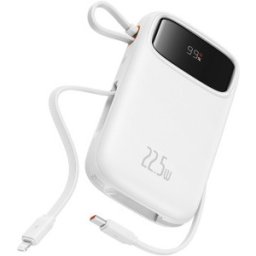 Baterie externa BASEUS Qpow2, 20000 mAh, 1x USB, 2x USB-C, 22.5 W, Display, Cablu USB-C & Lightning integrat, White