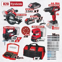 Set scule cu acumulator Raider Pro R20, 4 unelte, 2 baterii si accesorii