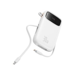 Baterie externa BASEUS Qpow2, 10000 mAh, 1x USB, 2x USB-C, 30 W, Display, Cablu USB-C integrat, White