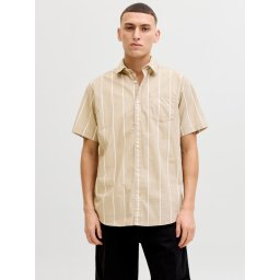 Jack & Jones Camasa barbati din bumbac cu imprimeu in dungi, Regular Fit, JJETHAN, Maro deschis (SELECTATI MARIMEA: M)