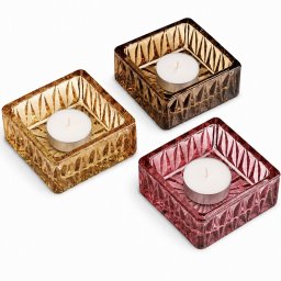 Set 3 suporturi pentru lumanare tip pastila din sticla decorativa colorata, suporturi patrate elegante pentru lumanari tealight, decor masa, living, dormitor sau evenimente