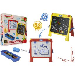 Tablita multifunctionala cu 2 fete, globo, parte alba magnetica pentru scris cu marker si parte neagra pentru creta, 82 accesorii incluse in pachet, tavita pentru litere si cifre, creta si burete inclus, 38cm