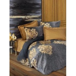 Set husa pilota + fata de perna, satin bumbac 100%, 135x200 cm + 80x80 cm, gri/auriu - Verificat A · Re-Bloom