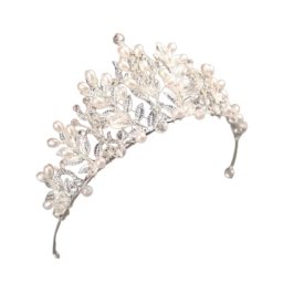 Tiara mireasa eleganta cu perle artificiale si cristale, CRM, coroana argintie pentru nunta