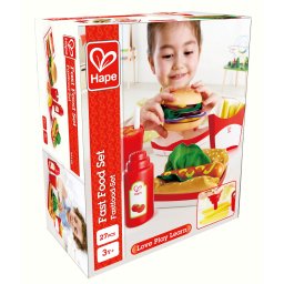 Set fast-food din lemn Hape cu burger, hot dog si accesorii, 3 ani+