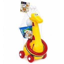 Set aruncare inele Girafa 3 in 1 cu mingi, cos si roti pentru copii