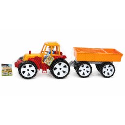 Tractor de jucarie Bams 3 cu remorca si roti mari, portocaliu-rosu