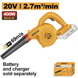 Suflanta frunze INGCO CABLI2078, 20V, 400W, 0-18000 RPM, debit aer 2.7 m³/min, viteza aer 69 m/s, compatibila platforma INGCO 20V, fara acumulator si incarcator