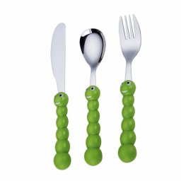 Set de tacamuri jucause Pufo Kids pentru copii, 3 piese, otel inoxidabil, verde