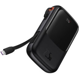 Baterie externa BASEUS Qpow Pro Digital Display, 10000 mAh, 1x USB, 1x Lightning, 22.5 W, Display, Cablu USB-C integrat, Black