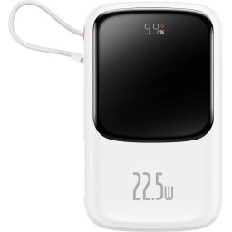 Baterie externa BASEUS Qpow Pro Digital Display, 10000 mAh, 1x USB, 1x Lightning, 22.5 W, Display, Cablu USB-C integrat, White