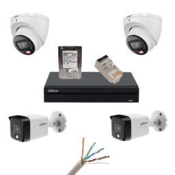 Kit supraveghere Dahua, 4 camere 8MP, IR 30m, lumina alba 30m, lentila 2.8mm, microfon, NVR Dahua 4 canale, Cablu utp CAT5E, Mufa retea UTP RJ45, Hard Disk 1TB