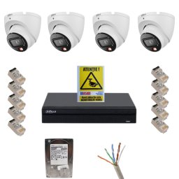 Kit supraveghere Dahua, 4 camere 8MP Smart Dual Light, IR 30m, lumina alba 30m,lentila 2.8mm, microfon, NVR Dahua 4 canale 12MP, Hard Disk 1TB, Mufă rețea RJ45, Cablu UTP CAT5E, Autocolant supraveghere video Rovision