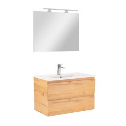 Set mobilier baie Leziter Vario Forte 80 cm, stejar, cu lavoar ceramic si oglinda