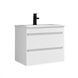 Masca baie suspendata Leziter Cube 60 cu lavoar ceramic, 2 sertare, alb lucios