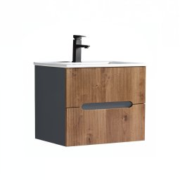 Dulap baie suspendat Leziter Trent 60 cm cu lavoar ceramic, 2 sertare, antracit-stejar