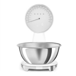 Cantar de bucatarie Smeg KSF01WHWW, Afisaj analogic si digital, Pana la 5 kg/5 l, Functie TARA, Afisaj LED, Baza antiderapanta, Baterie reincarcabila, Alb mat