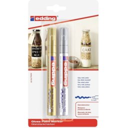 Marker vopsea Edding 750, corp metalic, varf rotund 2-4 mm, set 2 culori auriu si argintiu