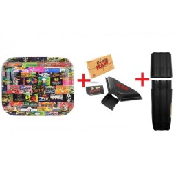 Raw Black Set Raw Tava de rulat History 34 x 27,5cm + Palnie cu Card + Suport pentru tigari conuri Three Tree
