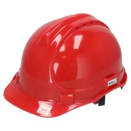 Cască de protecție, roșie, cu prindere în 4 puncte la bărbie