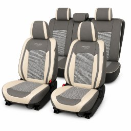 Huse auto premium 5 locuri Carguard Deluxe, piele ecologica si textil, gri-bej