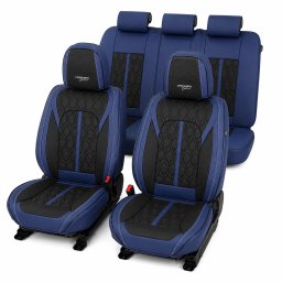 Huse auto premium 5 locuri Carguard Deluxe din piele ecologica perforata, albastru închis-negru